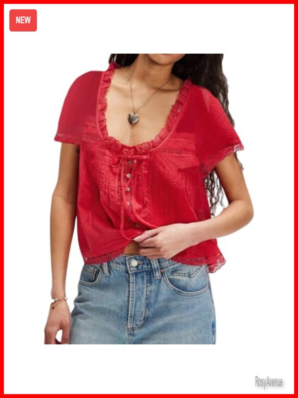 Boho Button Down Lace Trim Crop Tee Semi Sheer Tie Front Ruffle Top